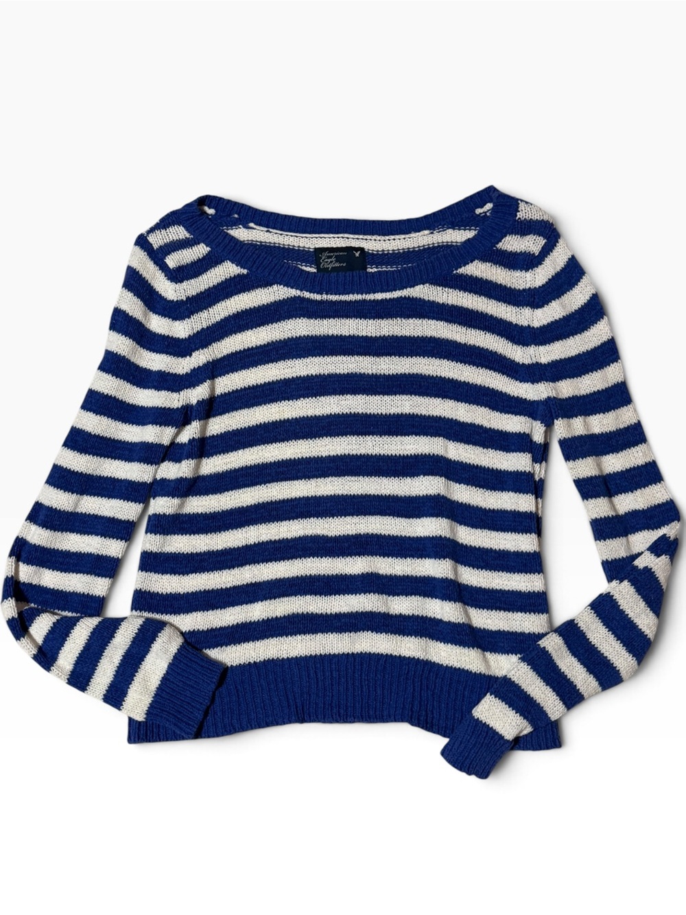 American Eagle XL Blue Cream Striped Knit Sweater Y2K